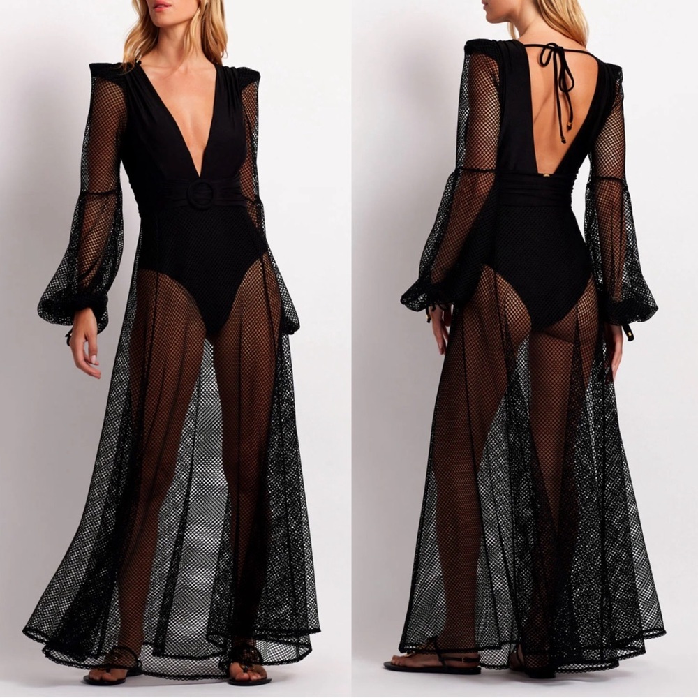 PatBO Black Sheer Mesh Maxi Dress with Plunging Neckline